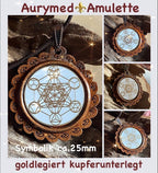Amulett – Holzart, Metatron, platonische Körper, Disc weis 25 mm, goldlegiert, kupferunterlegt – Produktansicht 1