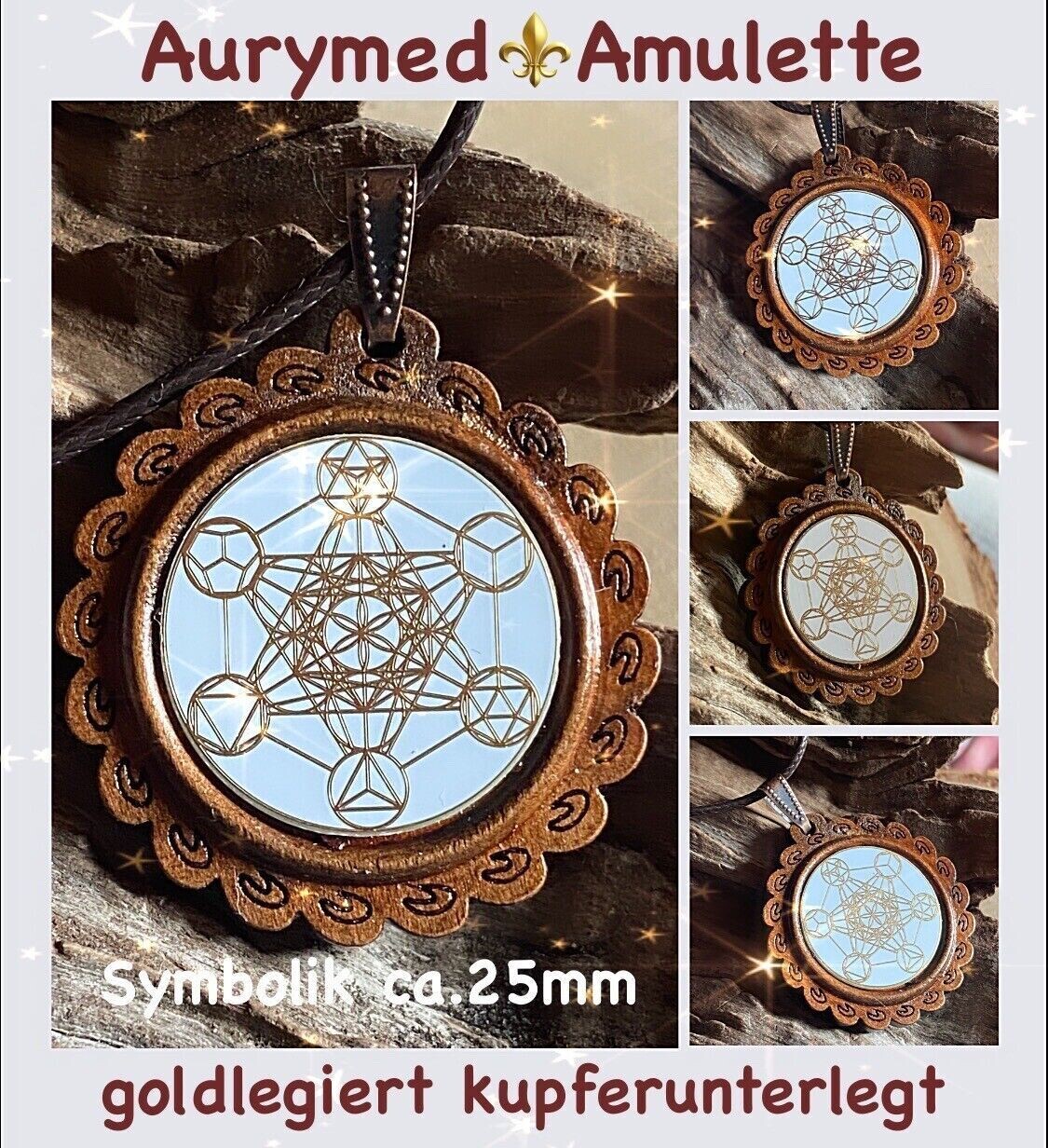 Amulett – Holzart, Metatron, platonische Körper, Disc weis 25 mm, goldlegiert, kupferunterlegt – Produktansicht 1