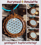 Amulett – Holzart, Blume des Lebens, Lebensblume, Disc in weiß 25 mm, goldlegiert, kupferunterlegt – Produktansicht 1