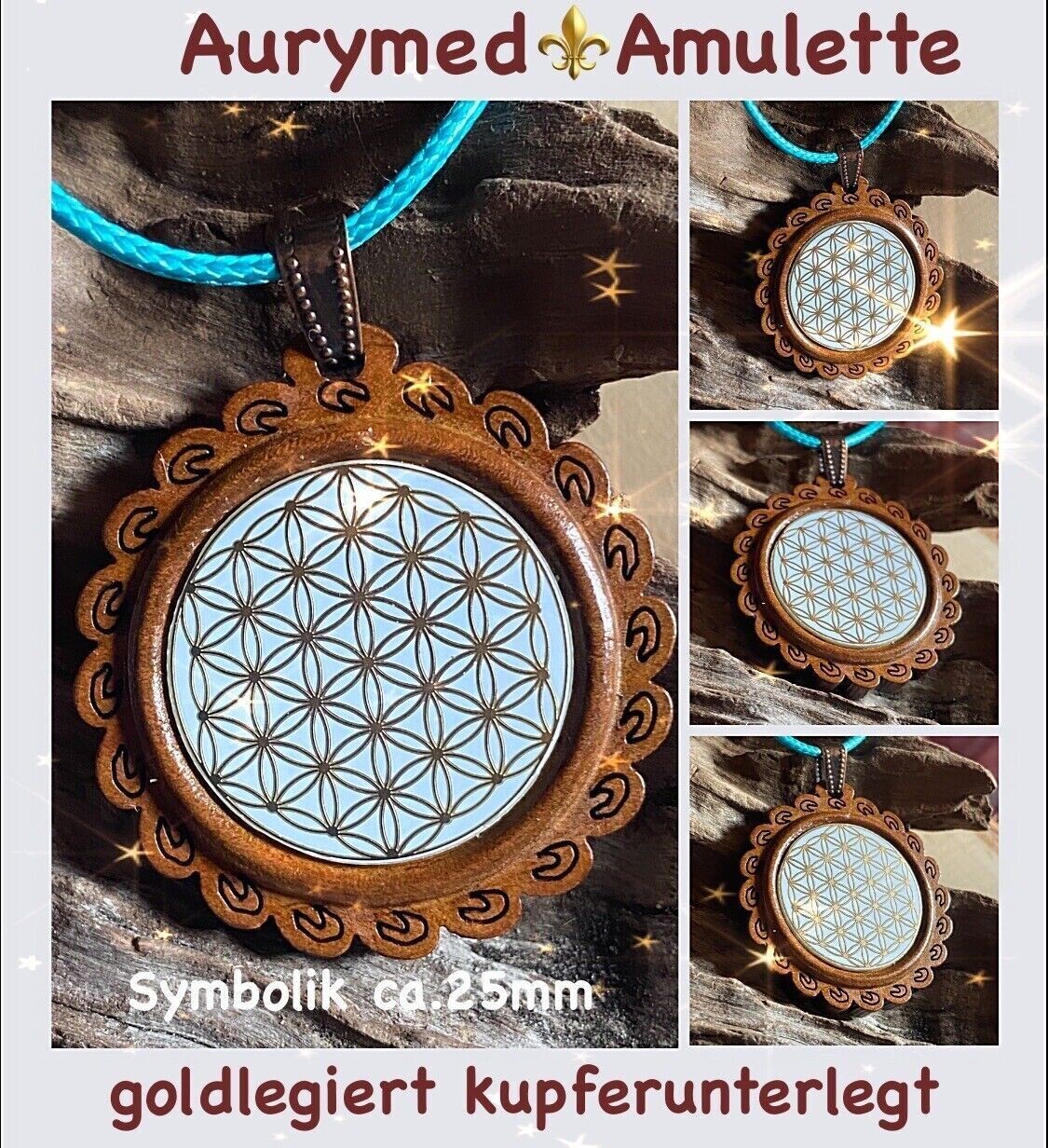 Amulett – Holzart, Blume des Lebens, Lebensblume, Disc in weiß 25 mm, goldlegiert, kupferunterlegt – Produktansicht 1