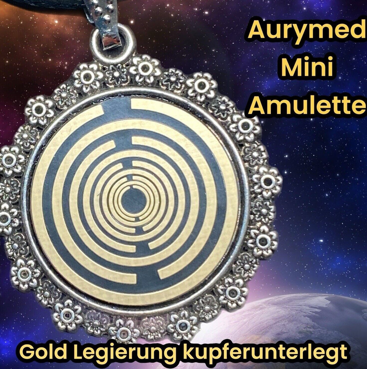 Amulett – Blumenmuster – Lakhovsky MWO – 20 mm / goldlegiert / schwarz – Produktansicht 1
