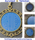 Amulett – bronzefarben, chinesische Shou Symbolik Disc in blau 25 mm, zinnlegiert, kupferunterlegt – Produktansicht 1