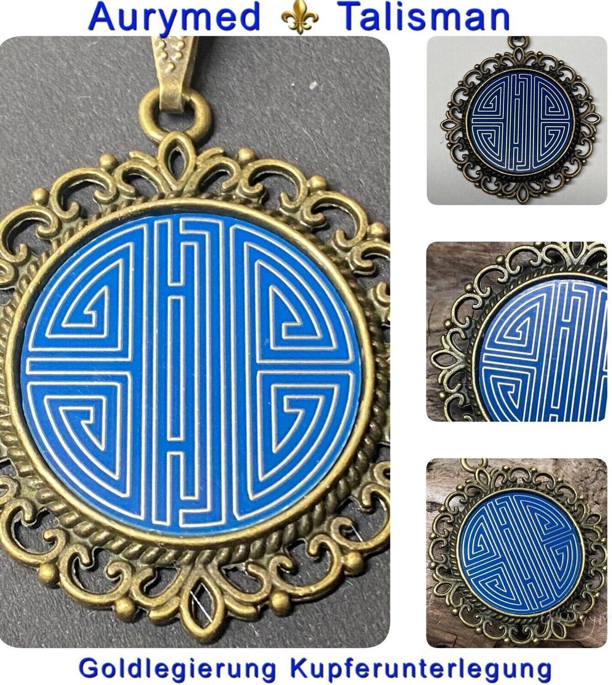 Amulett – bronzefarben, chinesische Shou Symbolik Disc in blau 25 mm, zinnlegiert, kupferunterlegt – Produktansicht 1