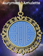 Amulett – bronzefarben, chinesische Shou Symbolik Disc in blau 25 mm, zinnlegiert, kupferunterlegt – Produktansicht 1