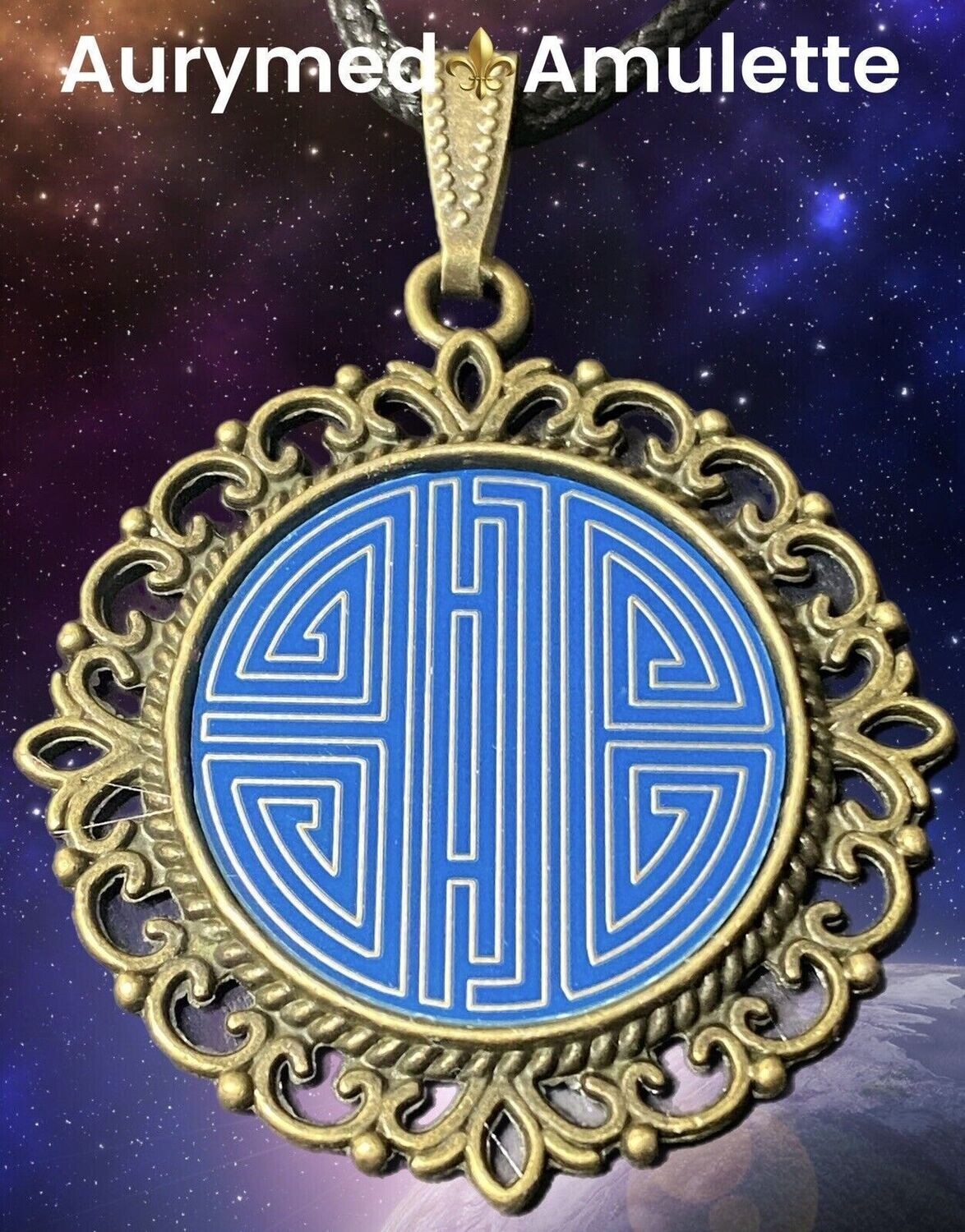 Amulett – bronzefarben, chinesische Shou Symbolik Disc in blau 25 mm, zinnlegiert, kupferunterlegt – Produktansicht 1