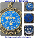 Amulett – Chakremy – bronzefarben, 3. Auge Disc in blau 25 mm, goldlegiert, kupferunterlegt – Produktansicht 1