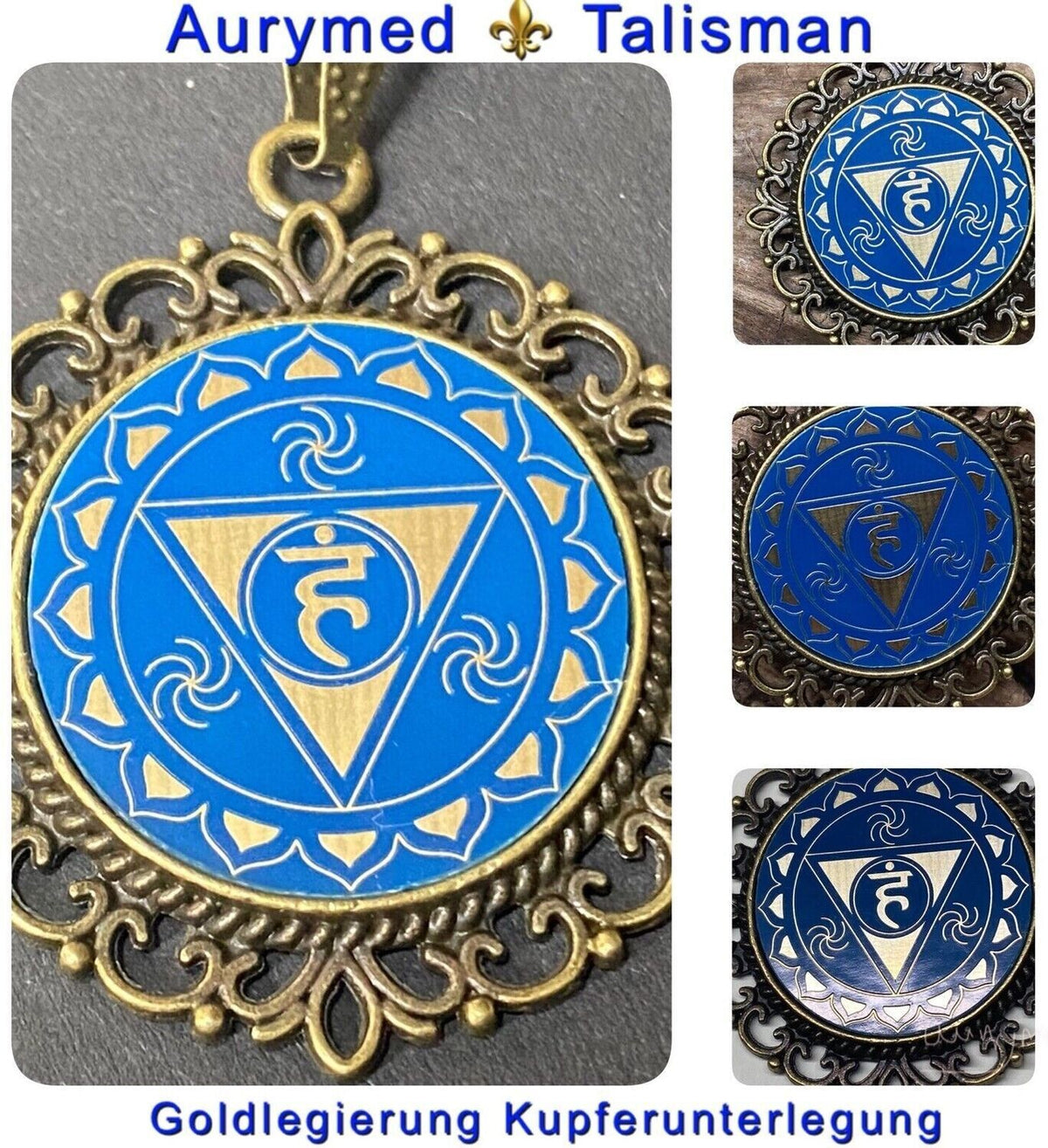 Amulett – Chakremy – bronzefarben, 3. Auge Disc in blau 25 mm, goldlegiert, kupferunterlegt – Produktansicht 1