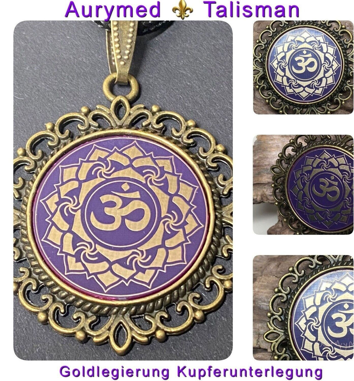 Amulett – Chakremy, bronzefarben, Kronen Chakra, Disc in lila flieder 25 mm, goldlegiert, kupferunterlegt – Produktansicht 1