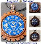 Amulett – Chakremy, Holzart, Stirnen Chakra, Disc in blau 25 mm, goldlegiert, kupferunterlegt – Produktansicht 1