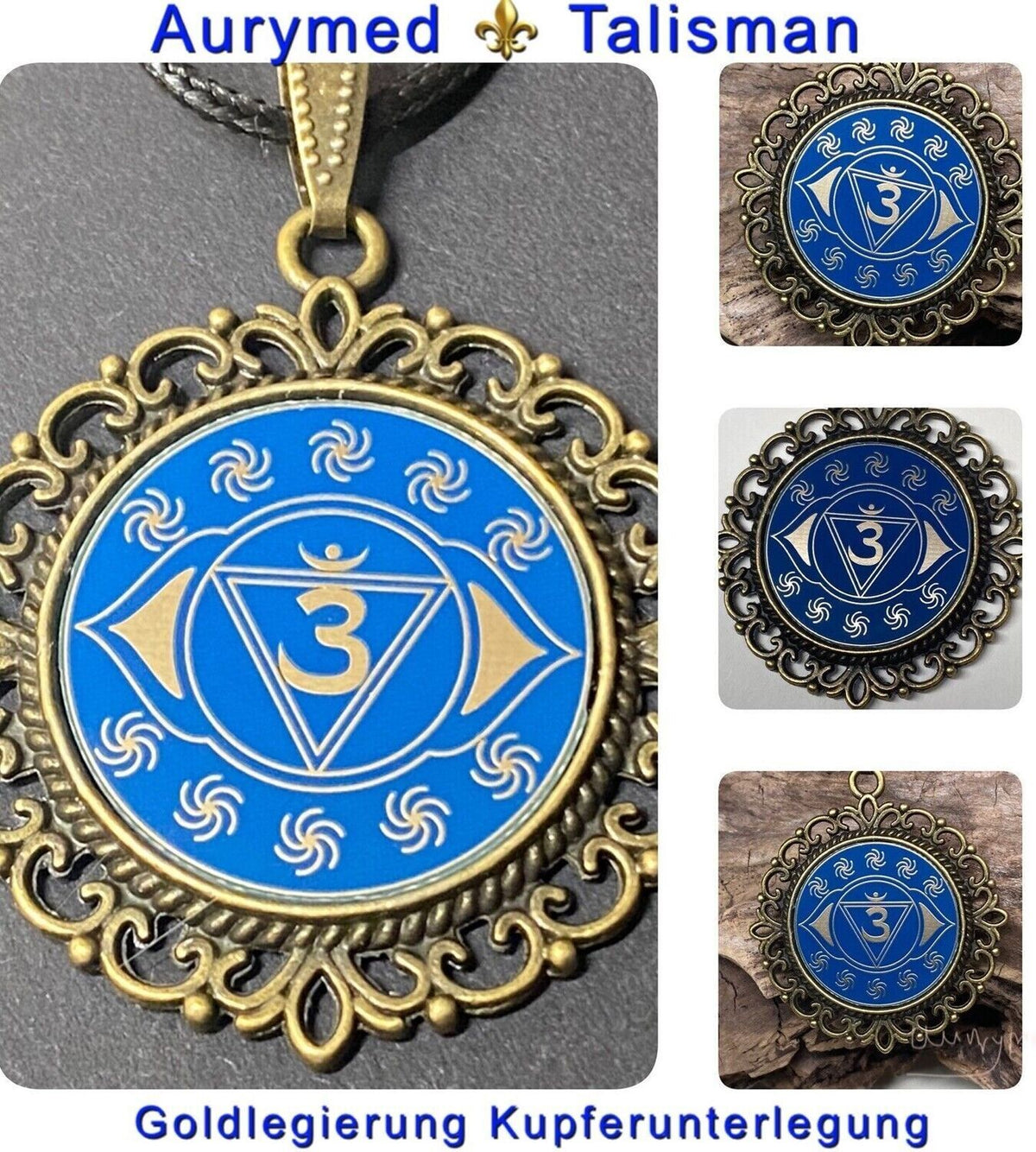 Amulett – Chakremy, bronzefarben, Stirnen Chakra, Disc in blau 25 mm, goldlegiert, kupferunterlegt – Produktansicht 1