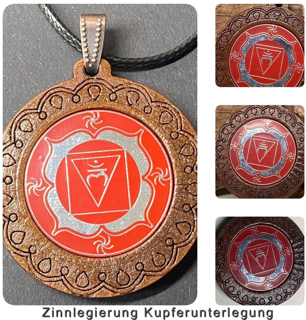 Amulett – Chakremy, Holzart, Wurzel Chakra, Disc in rot 25 mm, zinnlegiert, kupferunterlegt – Produktansicht 1