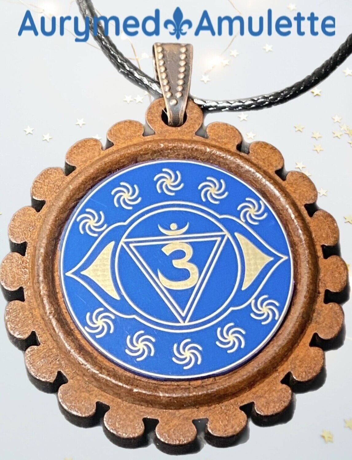 Amulett – Chakremy, Holzart, Stirnen Chakra, Disc in blau 25 mm, goldlegiert, kupferunterlegt – Produktansicht 1