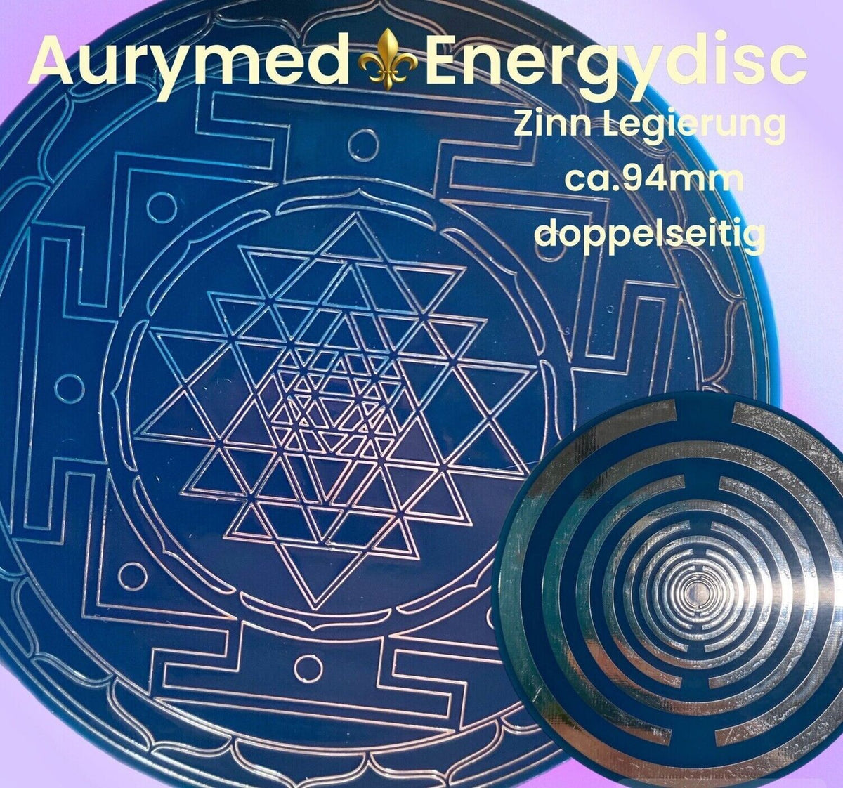 94 mm Disc 2er-Set – Lakhovsky MWO + Sri Yantra – zinnlegiert / blau – Produktansicht 1