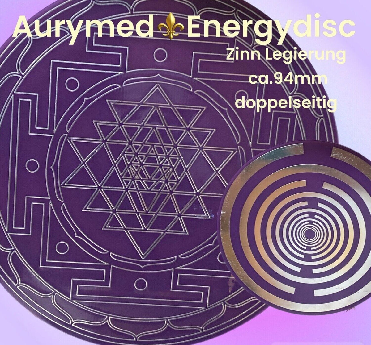 94 mm Disc 2er-Set – Lakhovsky MWO + Sri Yantra – zinnlegiert / lila – Produktansicht 1