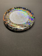 90 mm Disc - Epoxidharz Glitzer - Scheibe mit Metatron+platonischen Körpern,Bifila Spule (fermatsche Antenne), Disc doppelseitig, Zinn legiert, Kupfer unterlegt,Ladeschale stromlos – Produktansicht 6