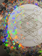90 mm Disc - Epoxidharz Glitzer - Scheibe mit Metatron+platonischen Körpern,Bifila Spule (fermatsche Antenne), Disc doppelseitig, Zinn legiert, Kupfer unterlegt,Ladeschale stromlos – Produktansicht 10