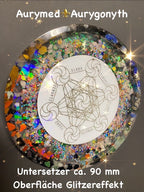 90 mm Disc - Epoxidharz Glitzer - Scheibe mit Metatron+platonischen Körpern,Bifila Spule (fermatsche Antenne), Disc doppelseitig, Zinn legiert, Kupfer unterlegt,Ladeschale stromlos – Produktansicht 1
