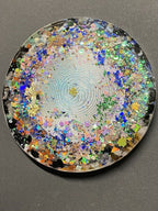 90 mm Disc - Epoxidharz Glitzer - Scheibe mit Metatron+platonischen Körpern,Bifila Spule (fermatsche Antenne), Disc doppelseitig, Zinn legiert, Kupfer unterlegt,Ladeschale stromlos – Produktansicht 7