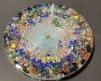 90 mm Disc - Epoxidharz Glitzer - Scheibe mit Metatron+platonischen Körpern,Bifila Spule (fermatsche Antenne), Disc doppelseitig, Zinn legiert, Kupfer unterlegt,Ladeschale stromlos – Produktansicht 8