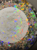 90 mm Disc - Epoxidharz Glitzer - Scheibe mit Metatron+platonischen Körpern,Bifila Spule (fermatsche Antenne), Disc doppelseitig, Zinn legiert, Kupfer unterlegt,Ladeschale stromlos – Produktansicht 3