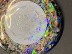 90 mm Disc - Epoxidharz Glitzer - Scheibe mit Metatron+platonischen Körpern,Bifila Spule (fermatsche Antenne), Disc doppelseitig, Zinn legiert, Kupfer unterlegt,Ladeschale stromlos – Produktansicht 4