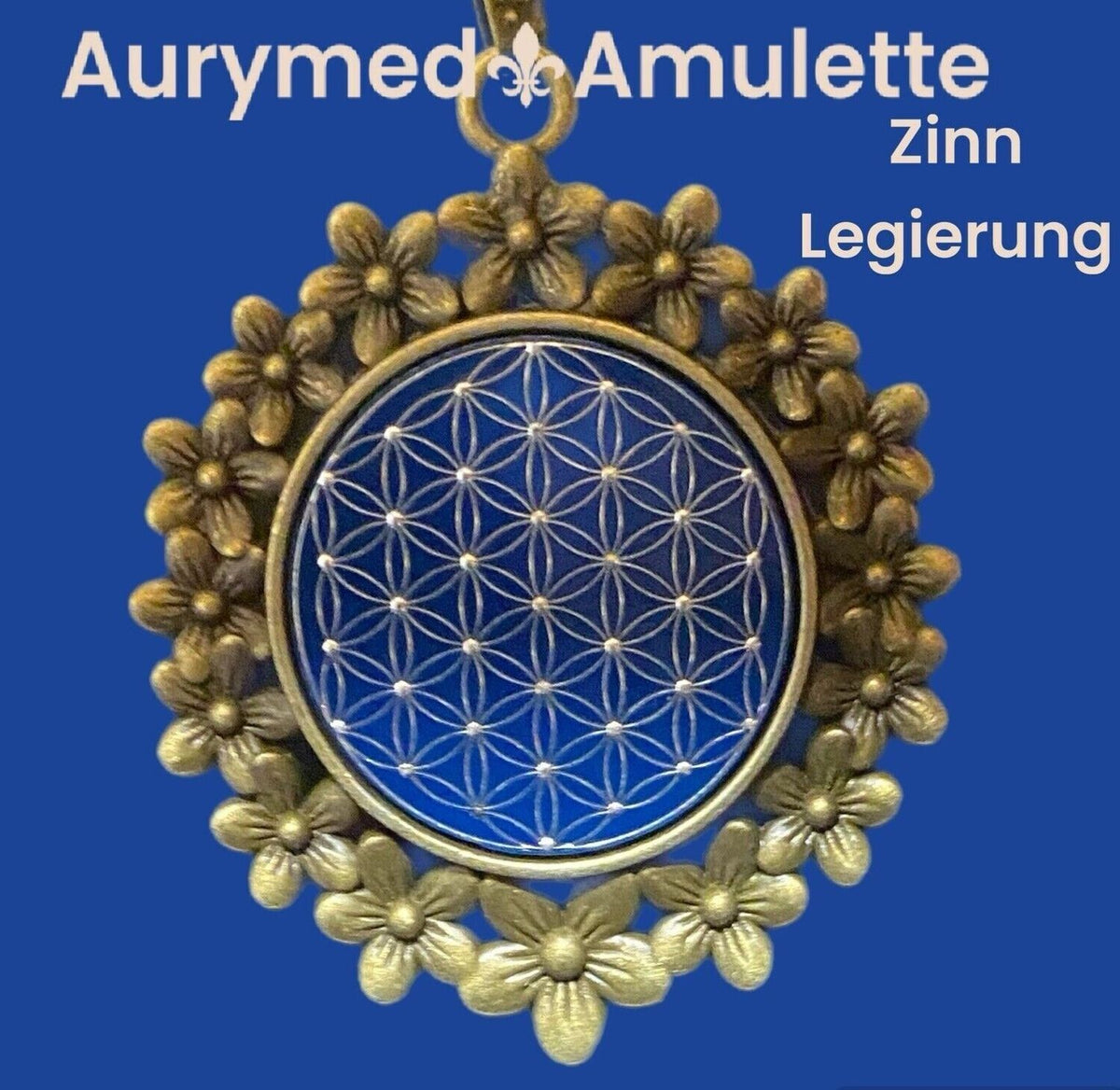 Amulett – bronzefarben, Blume des Lebens, Disc in blau 25 mm, zinnlegiert, kupferunterlegt – Produktansicht 1