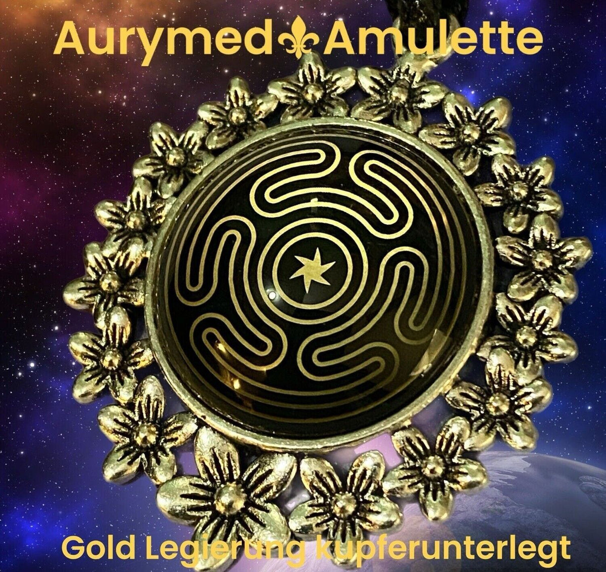 Amulett – bronzefarben, Hekathe Weehl, Disc (hinter Glas) in schwarz 25 mm, goldlegiert, kupferunterlegt – Produktansicht 1