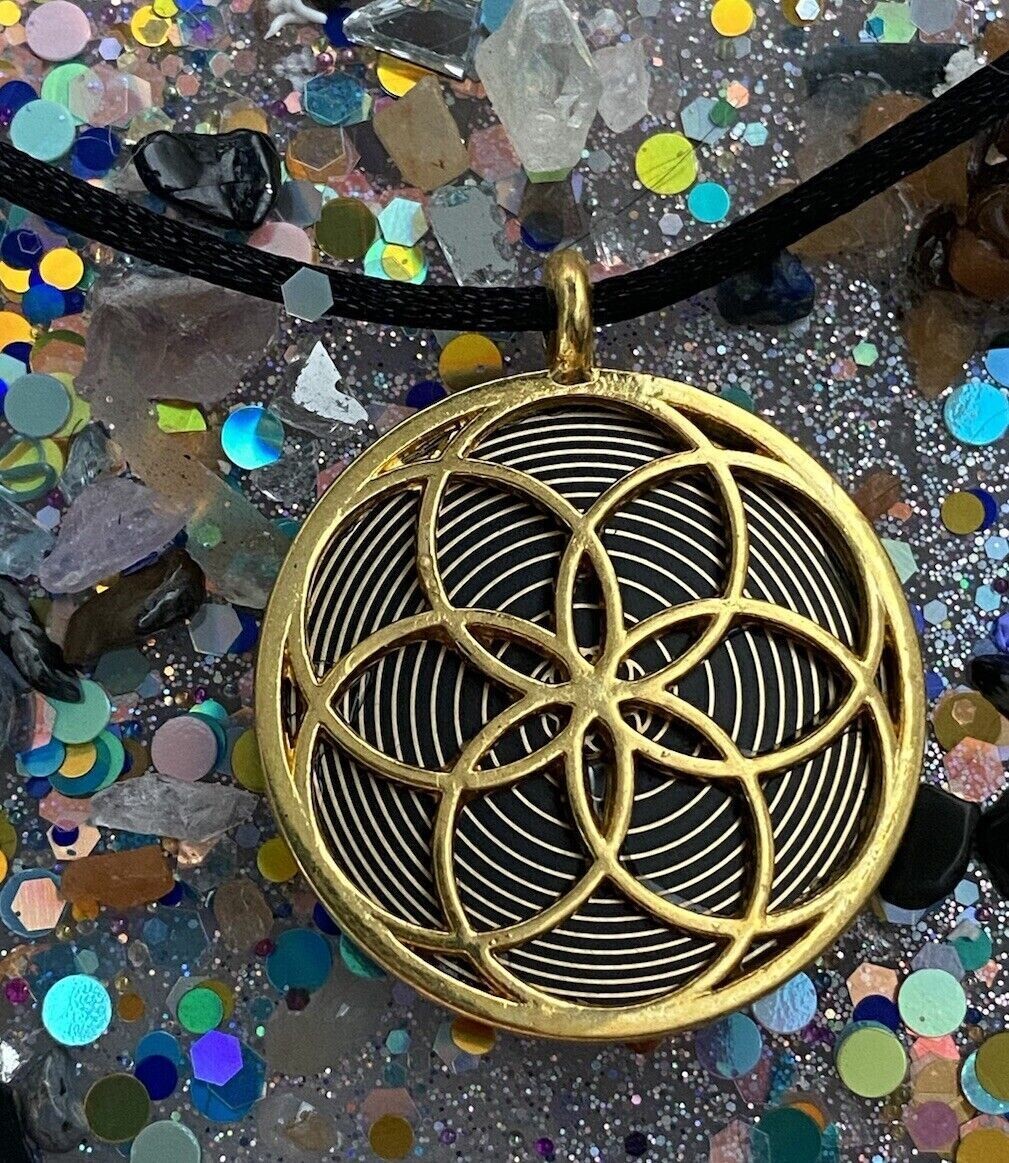 Amulett – Blume des Lebens – Bifilar / Fermat + Blume des Lebens – 30 mm / goldlegiert / nachtschwarz – Produktansicht 1