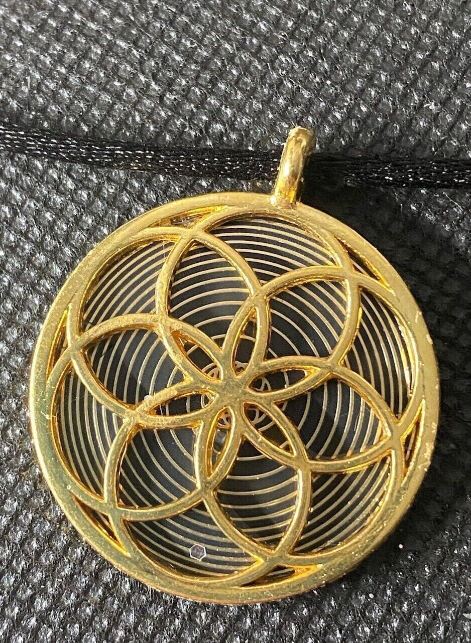 Amulett – Blume des Lebens – Bifilar / Fermat + Blume des Lebens – 30 mm / goldlegiert / nachtschwarz – Produktansicht 1
