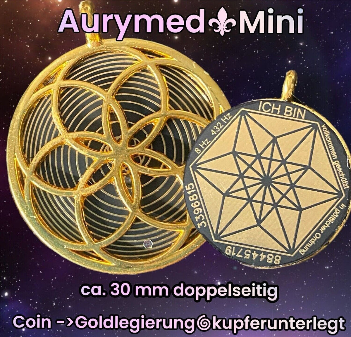 Amulett – Blume des Lebens – Bifilar / Fermat + Blume des Lebens – 30 mm / goldlegiert / nachtschwarz – Produktansicht 1