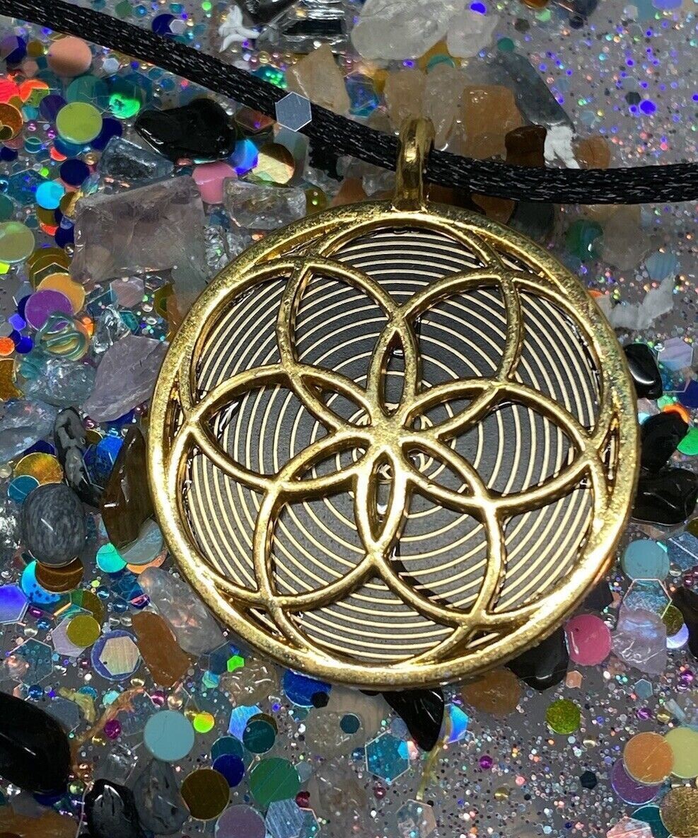 Amulett – Blume des Lebens – Bifilar / Fermat + Blume des Lebens – 30 mm / goldlegiert / nachtschwarz – Produktansicht 1