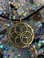Amulett – Blume des Lebens – Bifilar / Fermat + Blume des Lebens – 30 mm / goldlegiert / nachtschwarz – Produktansicht 1