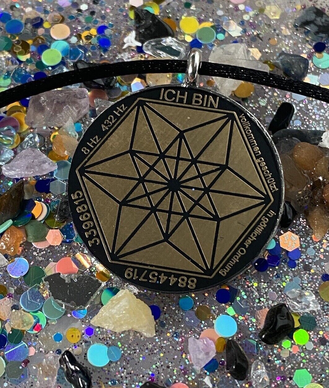 Amulett – Fassung Blume des Lebens – Bifilar / Fermat + Vector Equilibrium – 30 mm / goldlegiert / nachtschwarz – Produktansi