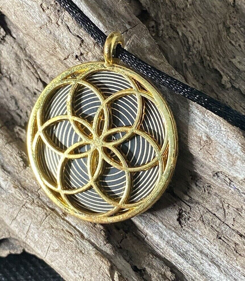 Amulett – Blume des Lebens – Bifilar / Fermat + Blume des Lebens – 30 mm / goldlegiert / nachtschwarz – Produktansicht 1