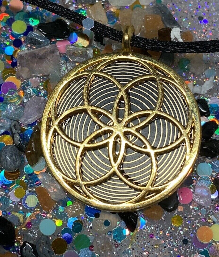 Amulett – Blume des Lebens – Bifilar / Fermat + Blume des Lebens – 30 mm / goldlegiert / nachtschwarz – Produktansicht 1