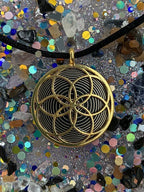 Amulett – Blume des Lebens – Bifilar / Fermat + Blume des Lebens – 30 mm / goldlegiert / nachtschwarz – Produktansicht 1