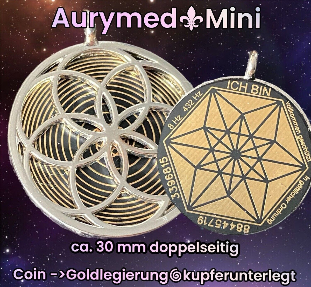 Amulett – Fassung Blume des Lebens – Bifilar / Fermat + Vector Equilibrium – 30 mm / goldlegiert / nachtschwarz – Produktansi