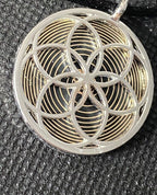 Amulett – Fassung Blume des Lebens – Bifilar / Fermat + Vector Equilibrium – 30 mm / goldlegiert / nachtschwarz – Produktansi