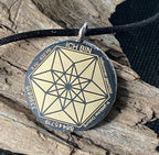 Amulett – Fassung Blume des Lebens – Bifilar / Fermat + Vector Equilibrium – 30 mm / goldlegiert / nachtschwarz – Produktansi