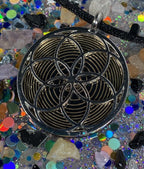 Amulett – Fassung Blume des Lebens – Bifilar / Fermat + Vector Equilibrium – 30 mm / goldlegiert / nachtschwarz – Produktansi