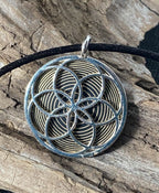 Amulett – Fassung Blume des Lebens – Bifilar / Fermat + Vector Equilibrium – 30 mm / goldlegiert / nachtschwarz – Produktansi