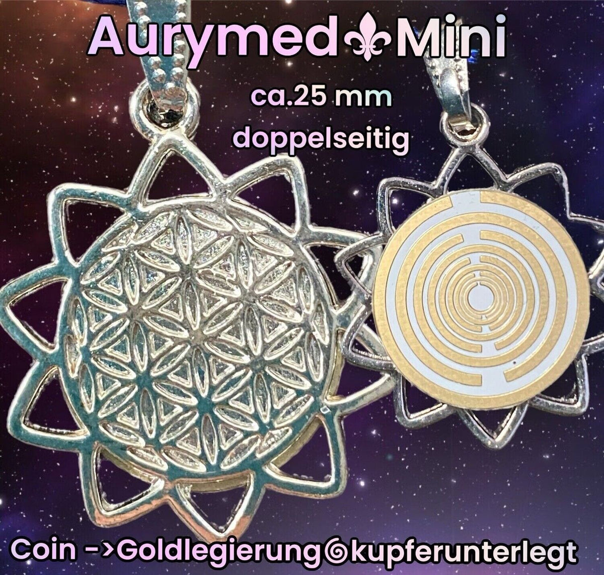 Amulett – Mini in silberfarben – Lakhovsky MWO + Blume des Lebens – 20 mm / goldlegiert – Produktansicht 1