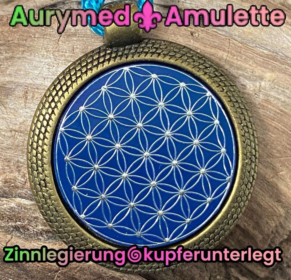 Amulett – bronzefarben, Blume des Lebens Lebensblume, Disc in blau 25 mm, zinnlegiert, kupferunterlegt – Produktansicht 1