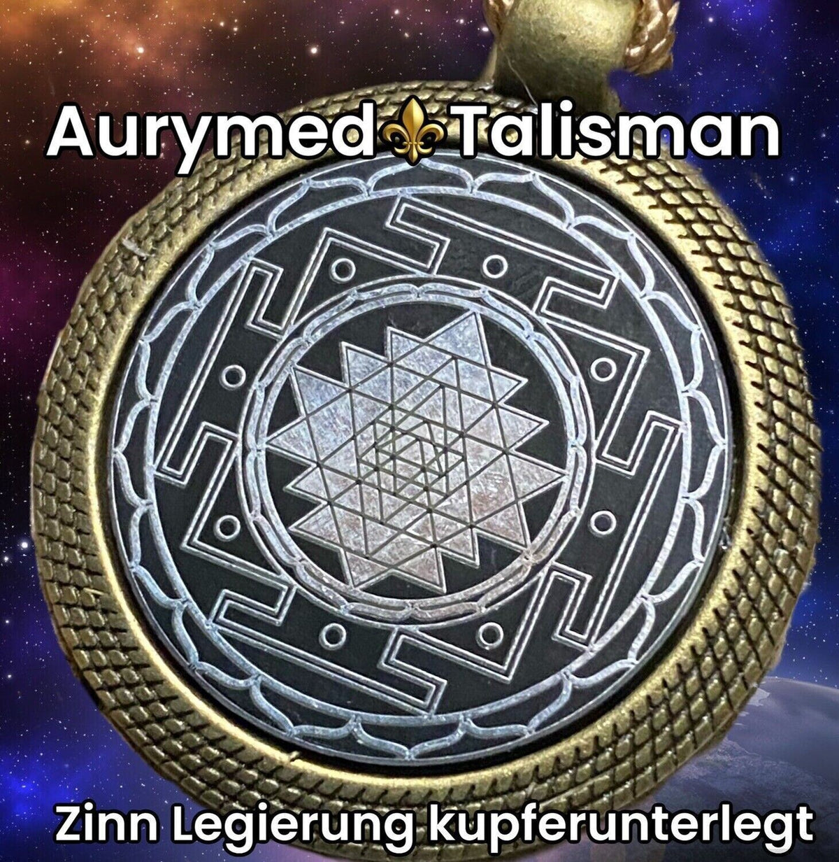 Amulett – Sri Yantra als nachtschwarzer 25 mm – Sri Yantra – 25 mm / zinnlegiert / Fassung bronzefarben – Produktansicht 1