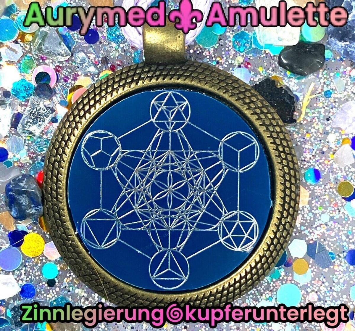 Amulett – bronzefarben, Metatron, Disc in blau 25 mm, zinnlegiert, kupferunterlegt – Produktansicht 1