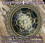 Amulett – bronzefarben, Metatron, Disc in schwarz (hinter Glas) 25 mm, goldlegiert, kupferunterlegt – Produktansicht 1