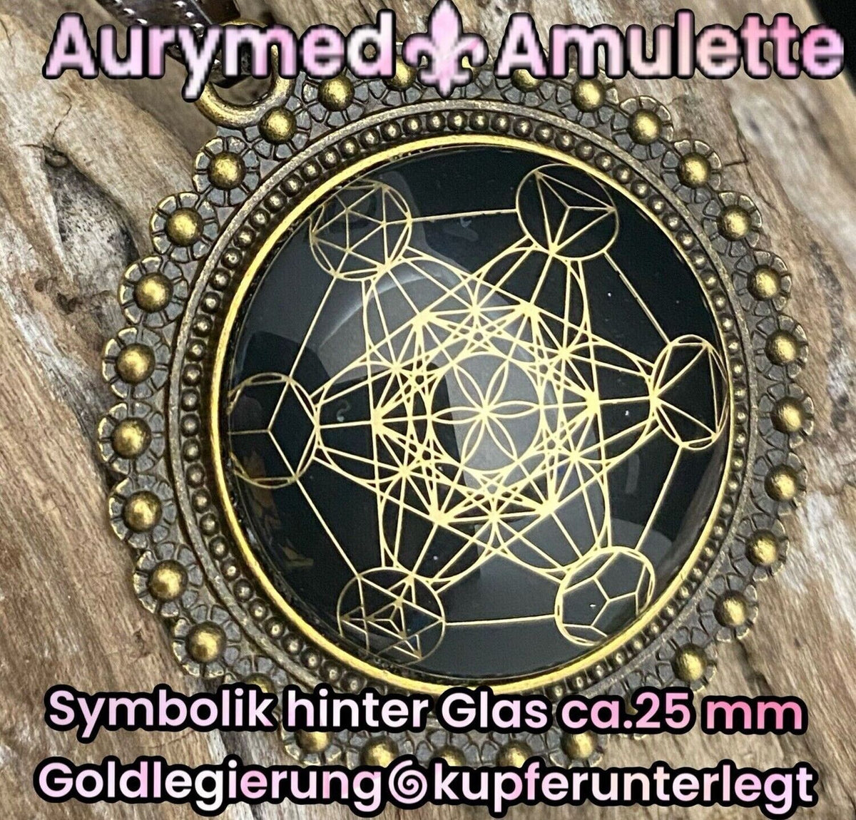 Amulett – bronzefarben, Metatron, Disc in schwarz (hinter Glas) 25 mm, goldlegiert, kupferunterlegt – Produktansicht 1