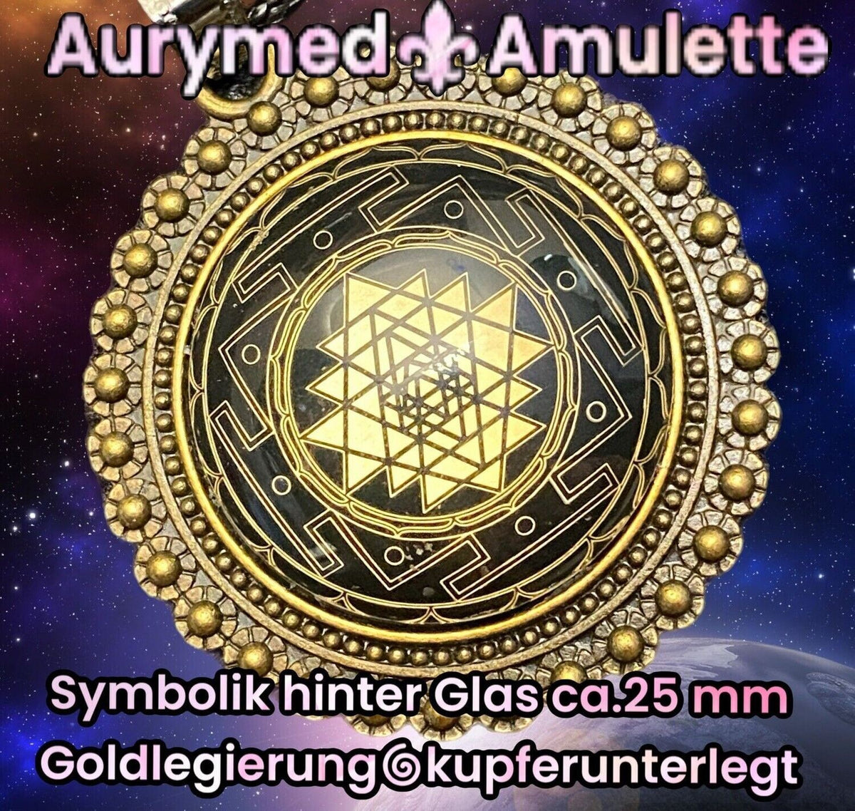 Amulett – Sri Yantra als nachtschwarzer 25 mm – Sri Yantra – 25 mm / goldlegiert / Fassung bronzefarben – Produktansicht 1