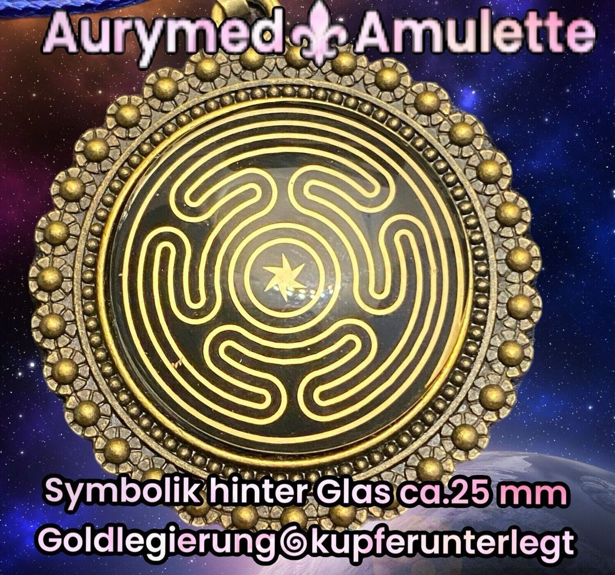 Amulett – bronzefarben, Hekathe Wheel, Disc (hinter Glas) in schwarz 25 mm, goldlegiert, kupferunterlegt – Produktansicht 1