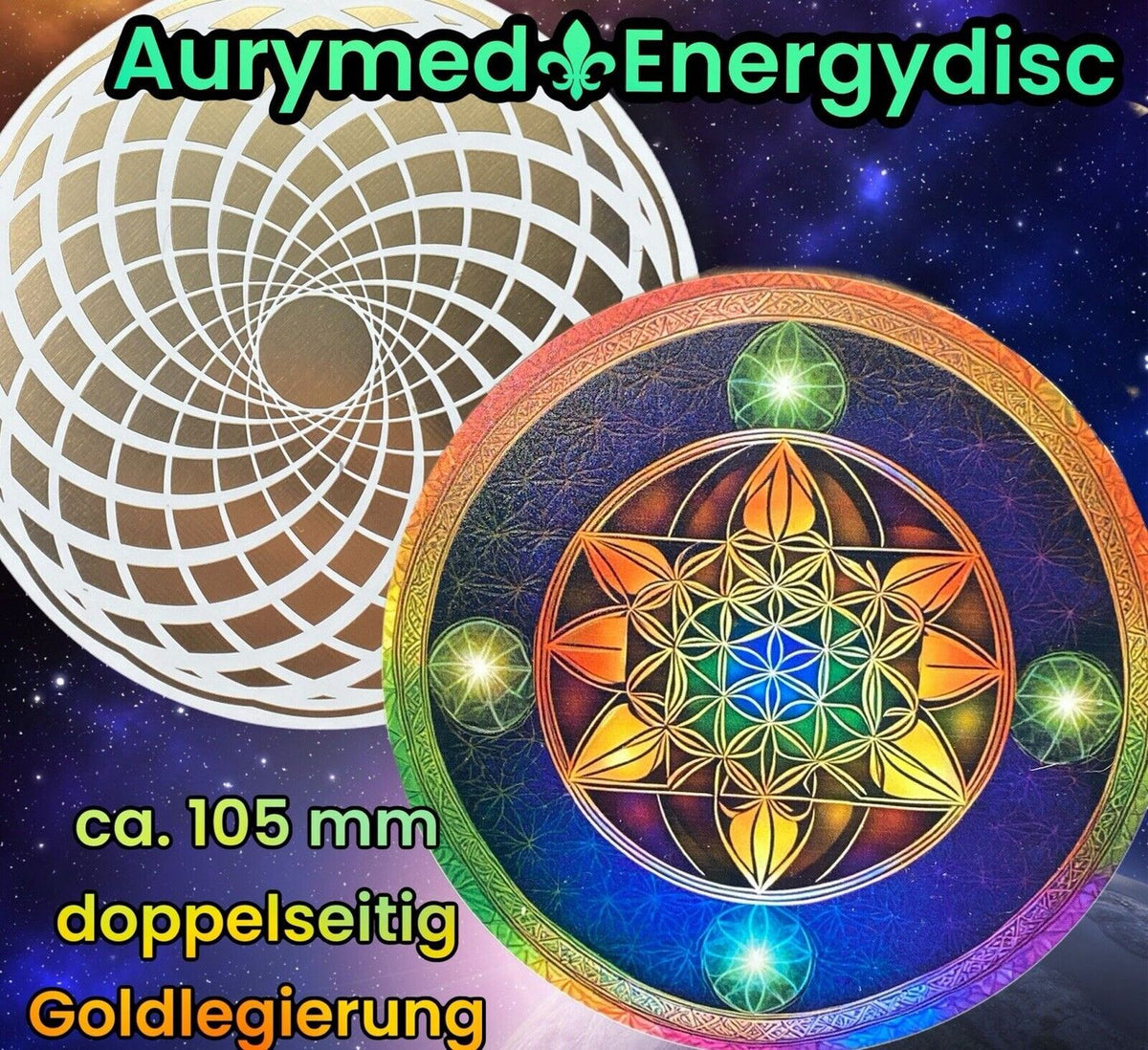 105 mm Disc – Blume des Lebens + Torus + Lotus – goldlegiert – Produktansicht 1